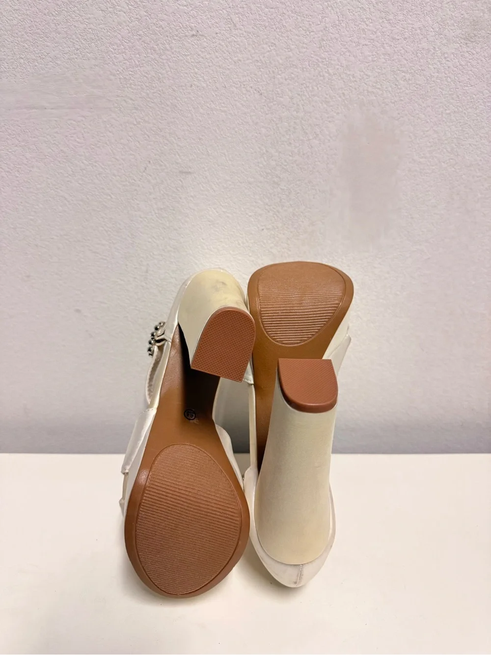 Lulu's Ivory Satin Platform Block Heel Sandals with Rhinestone Buckle